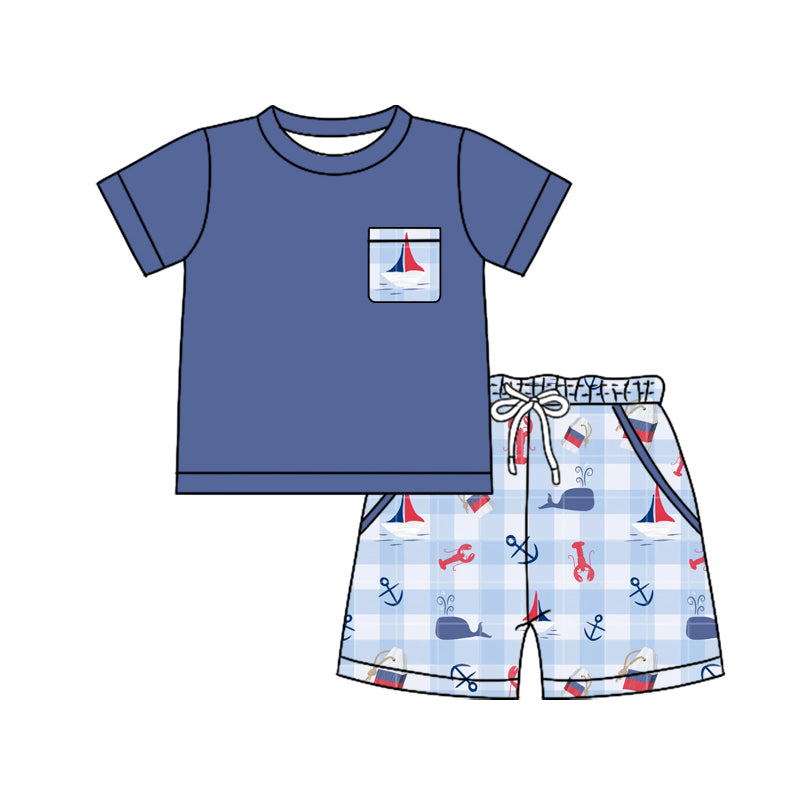 Preorder (moq 5)Baby Boys Shirts Top Boats Crayfishes Blue Checked Clothes Set