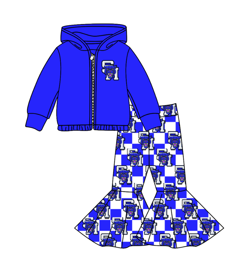 Preorder(moq 5) Baby Girls Blue SM Wolf Zipper Hoodie Jacket Bell Bottom Pants Team Clothes Sets