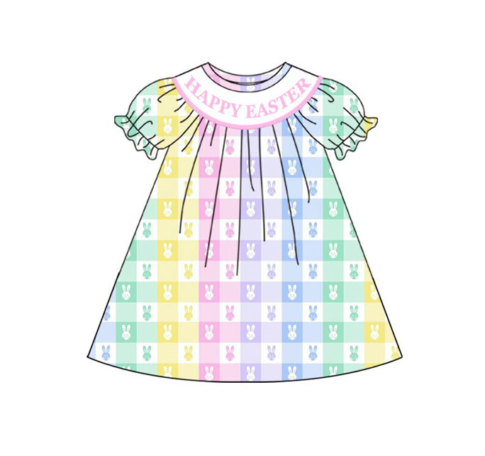 Preorder(moq 8)Baby Girls Colorful Rabbits Checked Happy Easter Knee Length Dresses