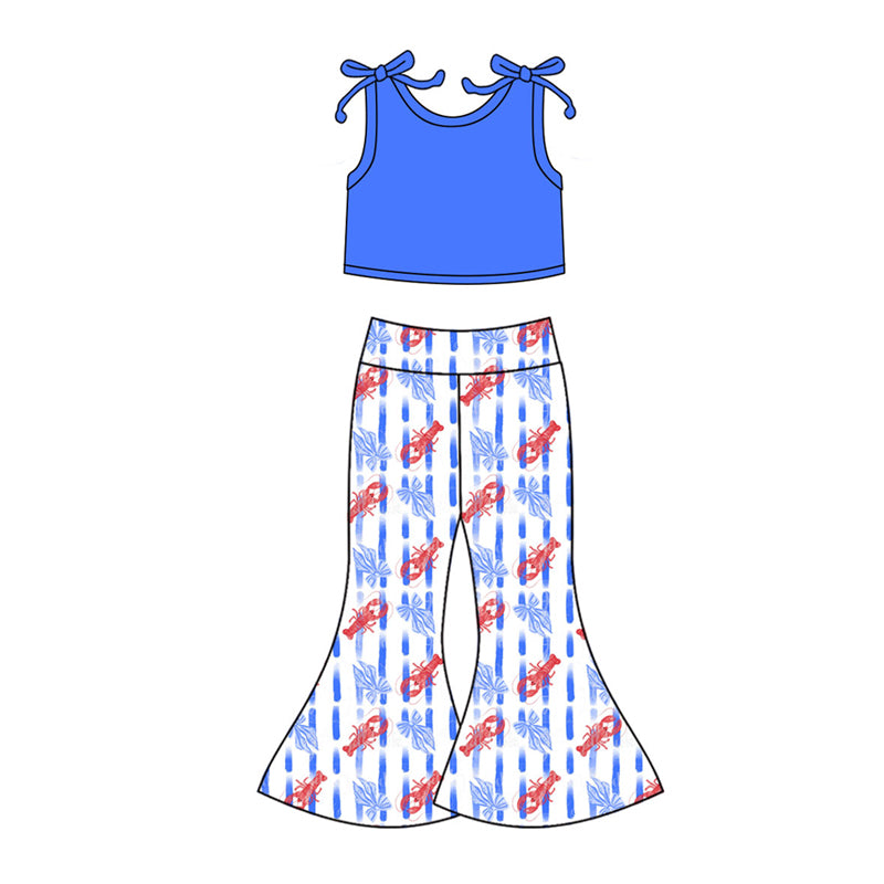 Preorder(moq 5)Baby Girls Blue Top Bows Crayfishes Stripe Bell Bottom Pants Clothes Sets