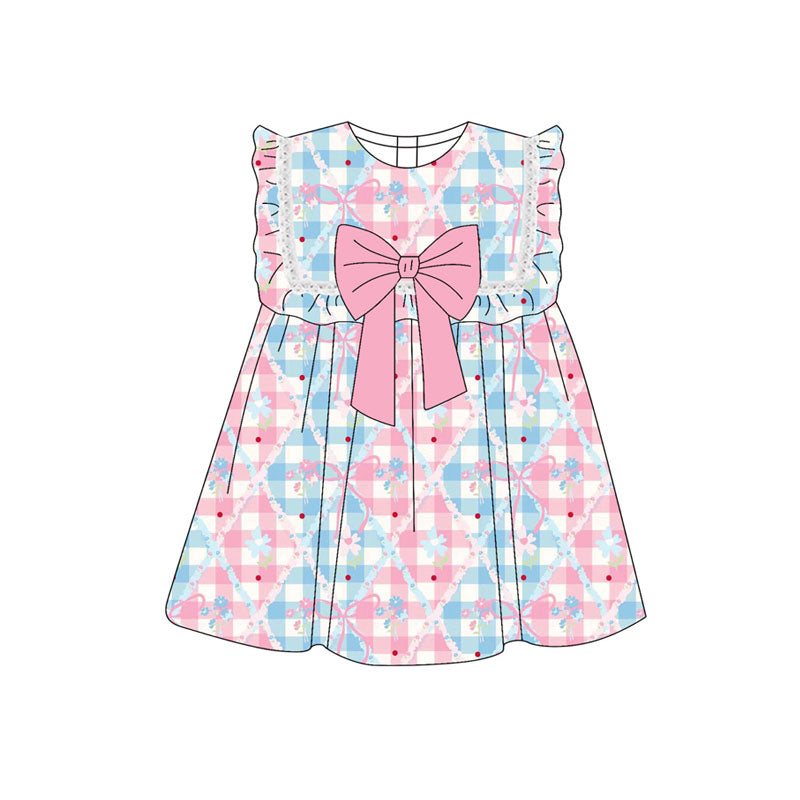 Preorder(moq 5) Baby Girls Bows Flowers Checked Sleeveless Knee Length Dresses