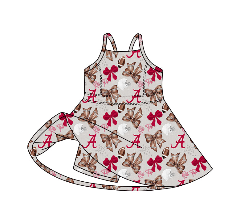 Preorder (moq 5)Baby Girls Strap Bows Footballs A Team Shorts Knee Length Dresses