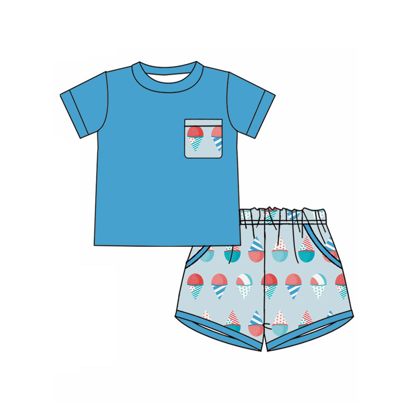 Preorder (moq 5)Baby Boys Blue Shirts Top Ice Creams Pockets Shorts Clothes Set