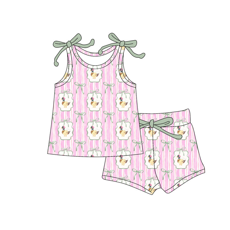 Preorder (moq 5)Baby Girls Pink Stripe Bows Ducks Top Shorts Hunting Clothes Sets