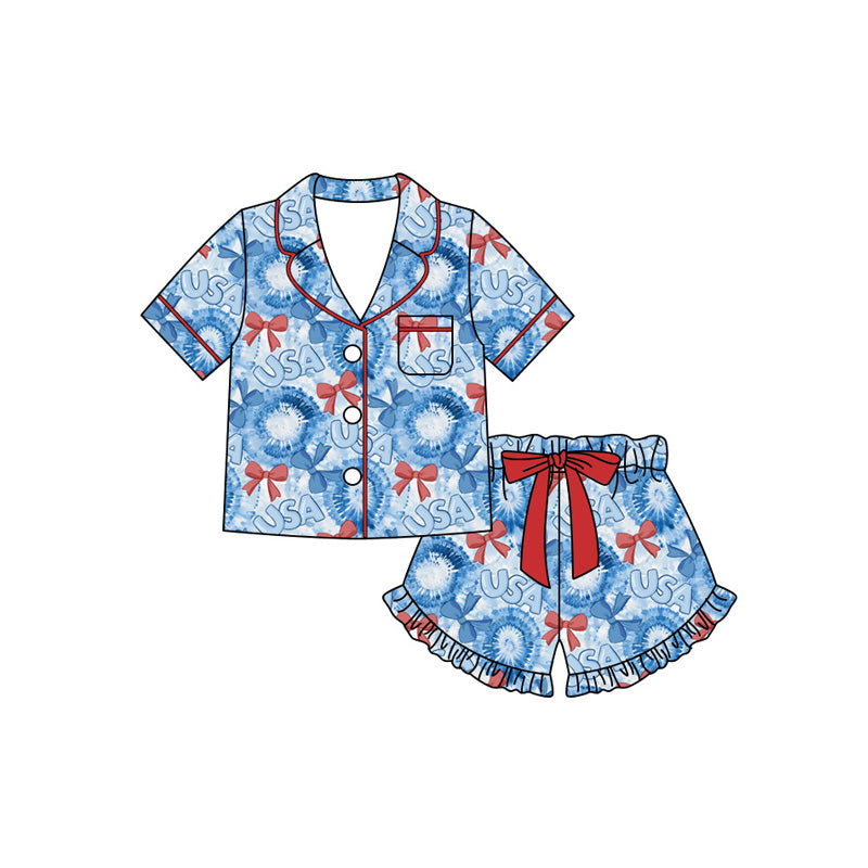 Preorder (moq 5)Baby Girls Bows USA Button Pocket Top Ruffle Short 4th of July Pajamas Sets