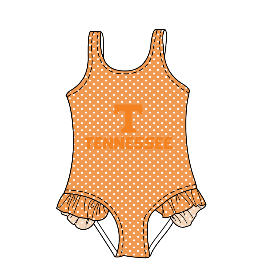 Preorder moq 5 Baby Girls Sleeveless Orange Polka Dots Tennessee Team Swimsuits