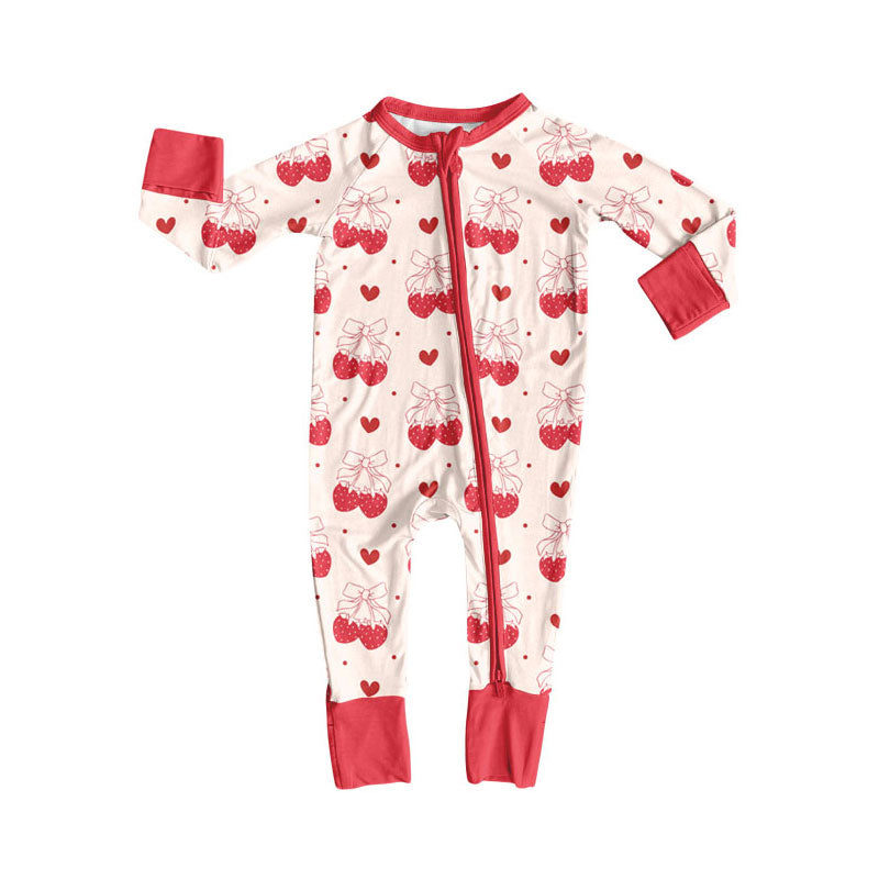 Preorder (moq 5)Baby Girls Hearts Strawberry Valentine Zipper Footie Rompers