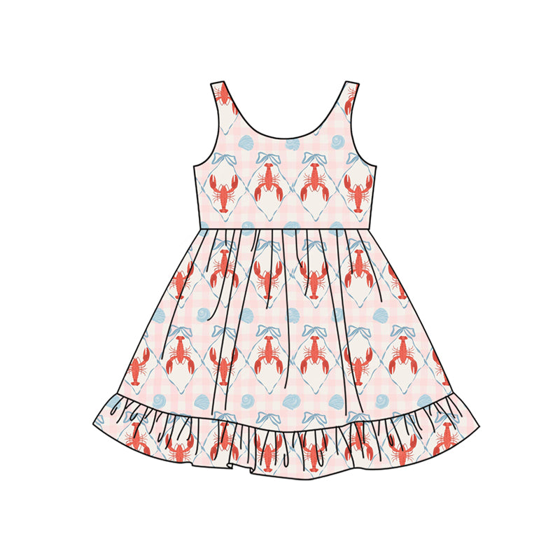 Preorder (moq 5)Baby Girls Pink Checked Bows Crayfishes Ruffle Knee Length Dresses