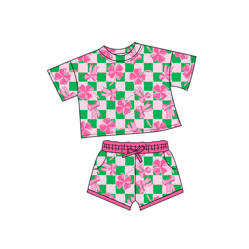 Preorder(moq 5) Baby Girls Bows Clovers Checked Pockets Shorts St Patrick Clothes Sets
