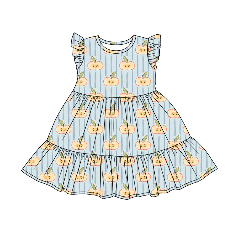 Preorder (moq 5)Baby Girls Flutter Sleeve Blue Stripe Apples Back to School Patchwork Dress