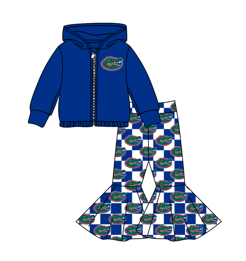 Preorder(moq 5) Baby Girls Blue Crocodiles Zipper Hoodie Jacket Bell Bottom Pants Team Clothes Sets