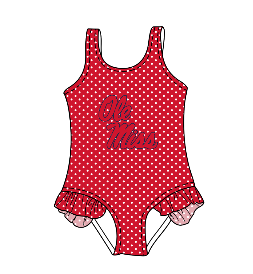 Preorder moq 5 Baby Girls Sleeveless Red Polka Dots Ole Miss Team Swimsuits