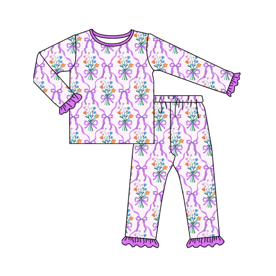 Preorder (moq 20)Baby Girls Bamboo Purple Bows Flowers Checked Ruffle Pants Pajamas Sets