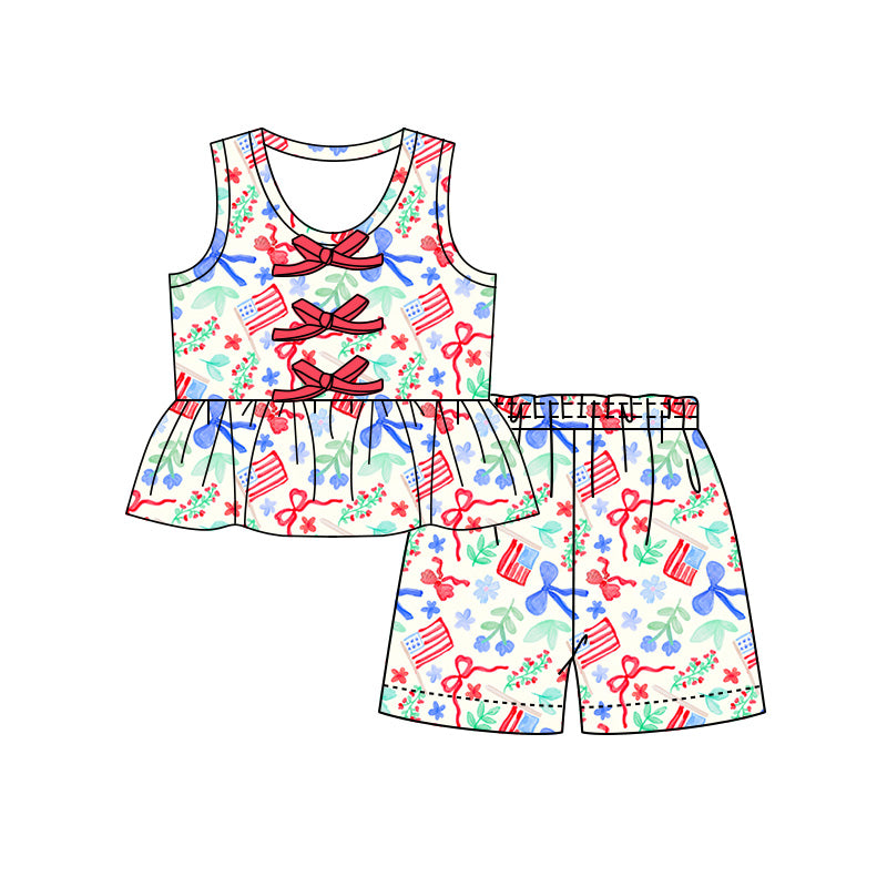 Preorder (moq 5)Baby Girls Flags Bows Button Tunic Shorts 4th of July Clothes Set