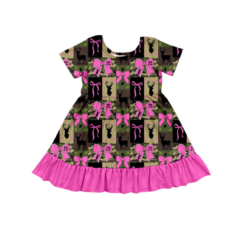 Preorder (moq 5)Baby Girls Camo Deer Checked Bows Hunting Ruffle Knee Length Dresses