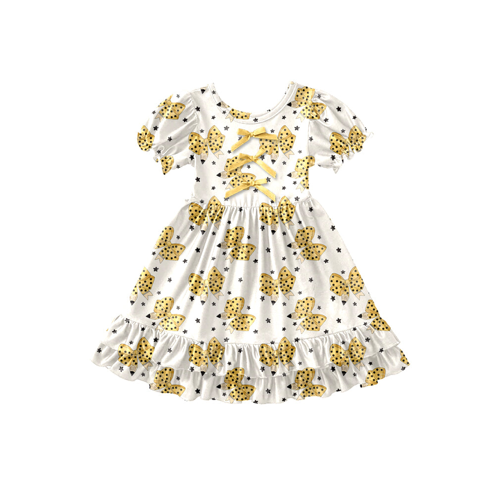 Preorder (moq 5)Baby Girls Stars Pencil Bows Back to School Ruffle Knee Length Dresses