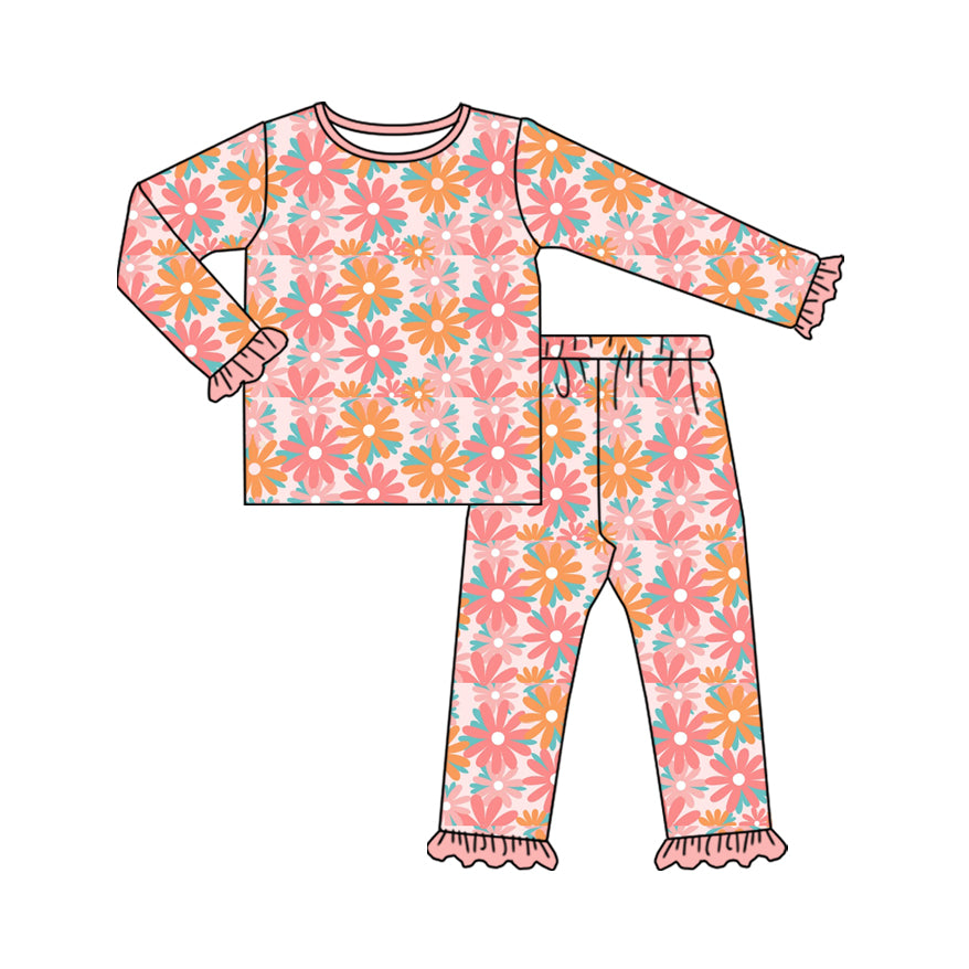 Preorder (moq 20)Baby Girls Bamboo Colorful Floral Ruffle Pants Pajamas Sets