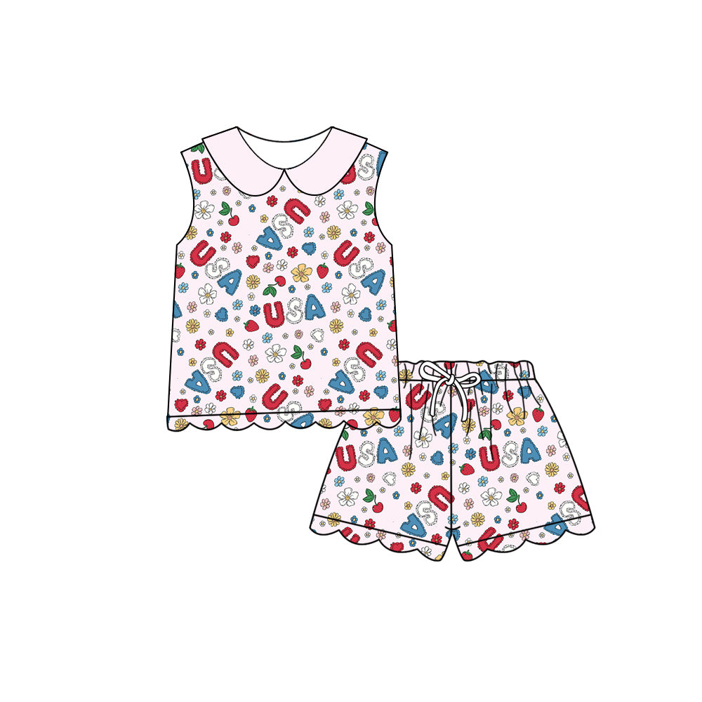 Preorder (moq 5)Baby Girls USA Flowers Collar Top Scallop Shorts 4th of July Clothes Sets