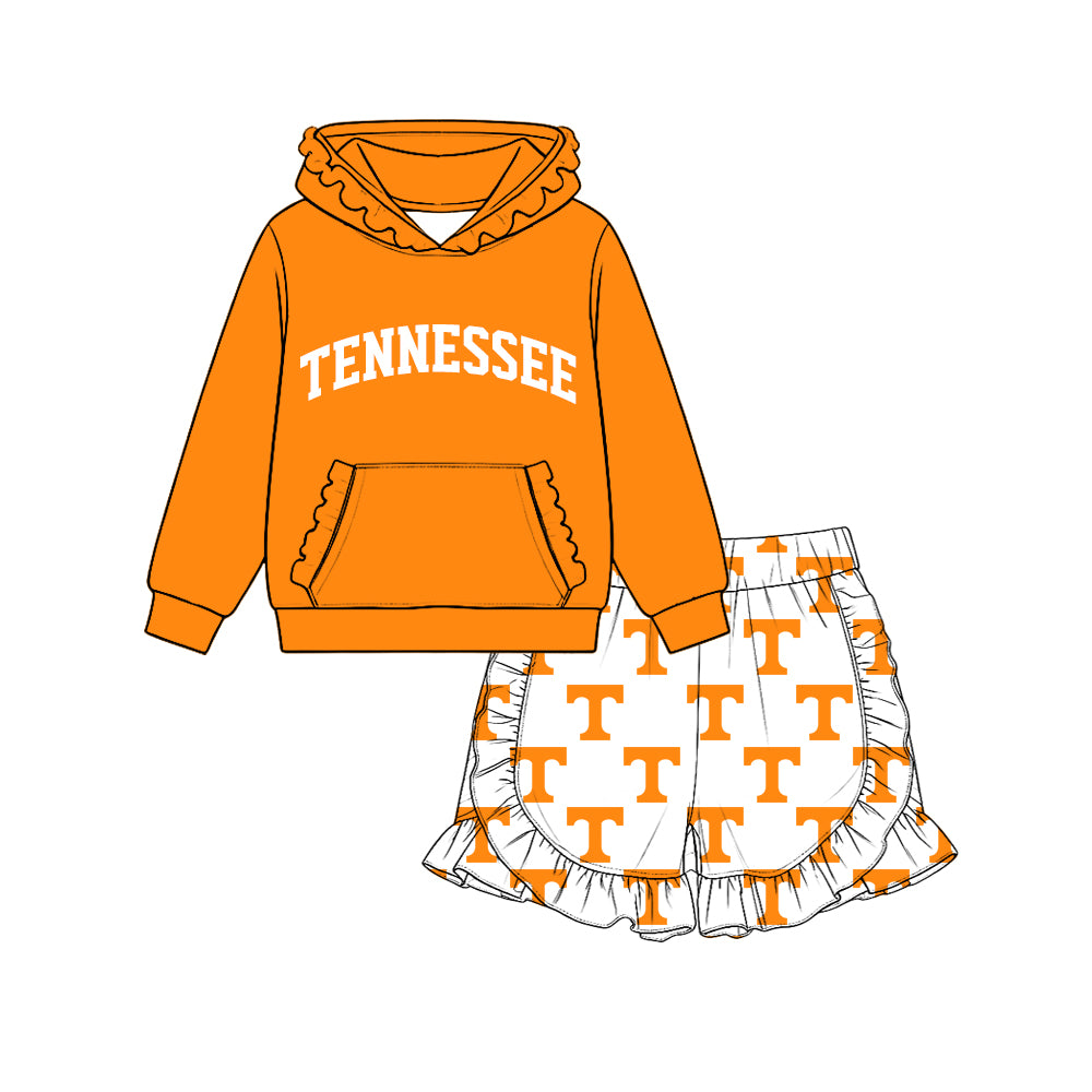 Preorder (moq 5) Baby Girl Clothes Tennessee Letter Logo Print Long Sleeve Ruffle Hoodie & Ruffle Short Set