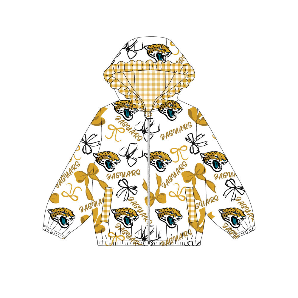 Preorder(moq 8)Baby Girls Yellow Bows Laguars Pocket Zipper Team Ruffle Hoodies Jackets