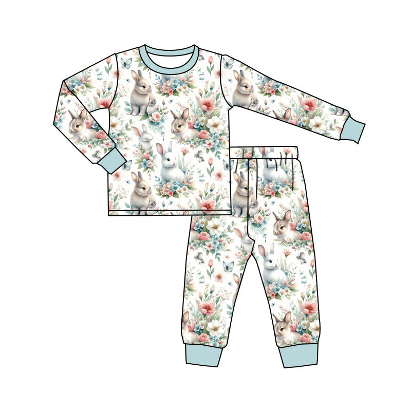 Preorder (moq 20)Baby Girls Bamboo Floral Rabbits Easter Pants Pajamas Sets