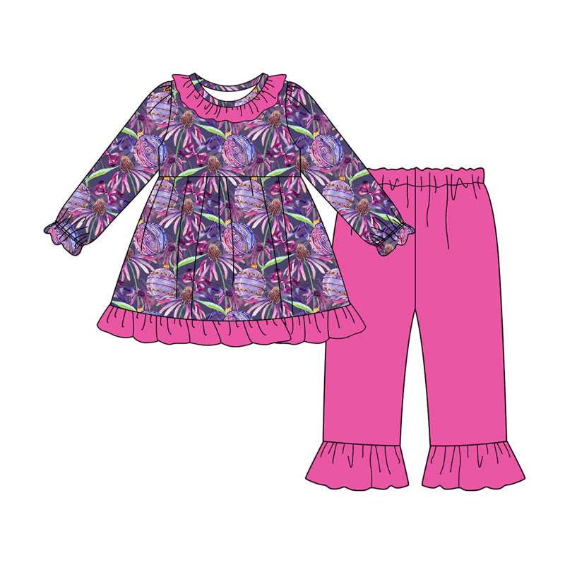 Preorder (moq 5)Baby Girls Hot Pink Flowers Bows Tunic Ruffle Pant Halloween Set