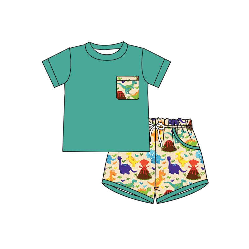 Preorder (moq 5)Baby Boys Colorful Dinosaurs Shirt Top Pockets Shorts Hunting Clothes Set