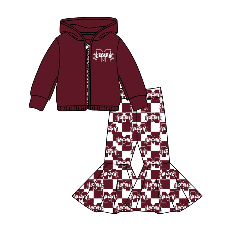 Preorder(moq 5) Baby Girls Red M State Zipper Hoodie Jacket Bell Bottom Pants Team Clothes Sets