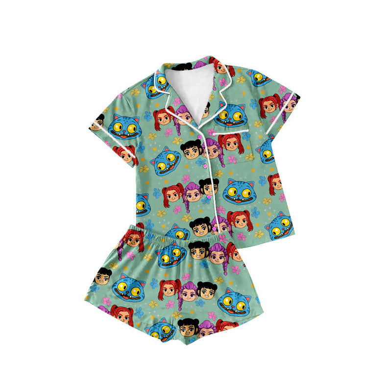 Preorder(moq 5) Baby Girls Cartoon Girls Flowers Button Pockets Top Shorts Pajamas Sets