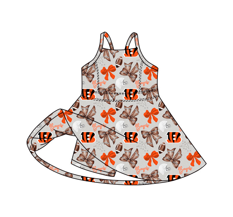 Preorder (moq 5)Baby Girls Strap Bows Footballs B Team Shorts Knee Length Dresses