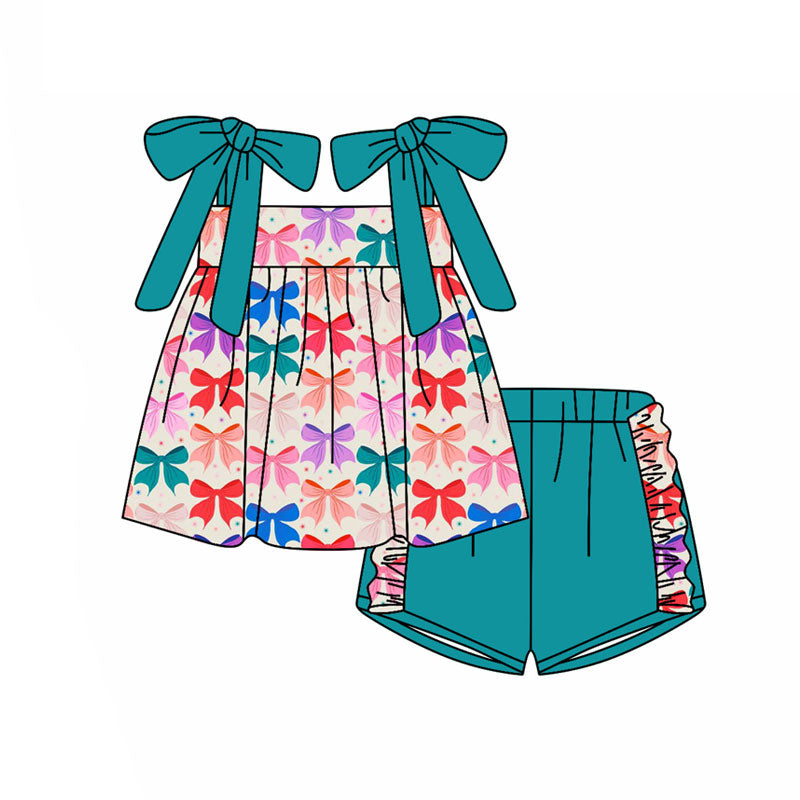 Preorder(moq 5) Baby Girls Strap Colorful Bows Plaid Tunic Ruffle Shorts Clothes Sets