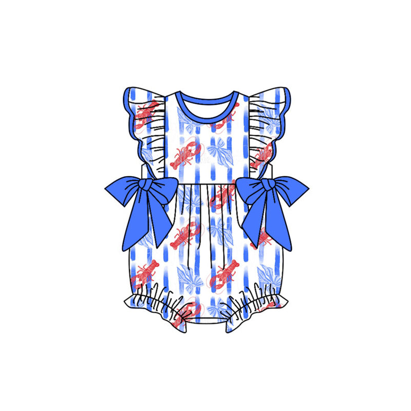 Preorder (moq 5)Baby Girls Flutter Sleeve Crayfishes Bows Stripe Ruffle Rompers