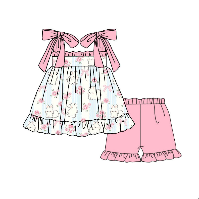 Preorder(moq 5) Baby Girls Pink Strap Flowers Rabbits Tunic Ruffle Shorts Easter Clothes Sets