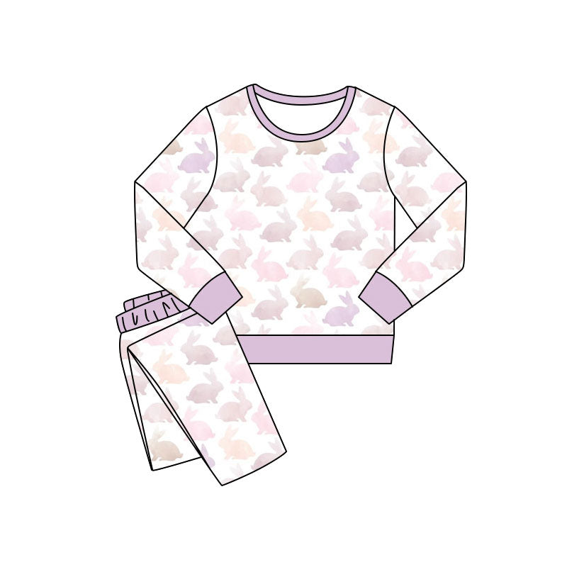 Preorder (moq 20)Baby Girls Bamboo Pink Rabbits Easter Pants Pajamas Sets