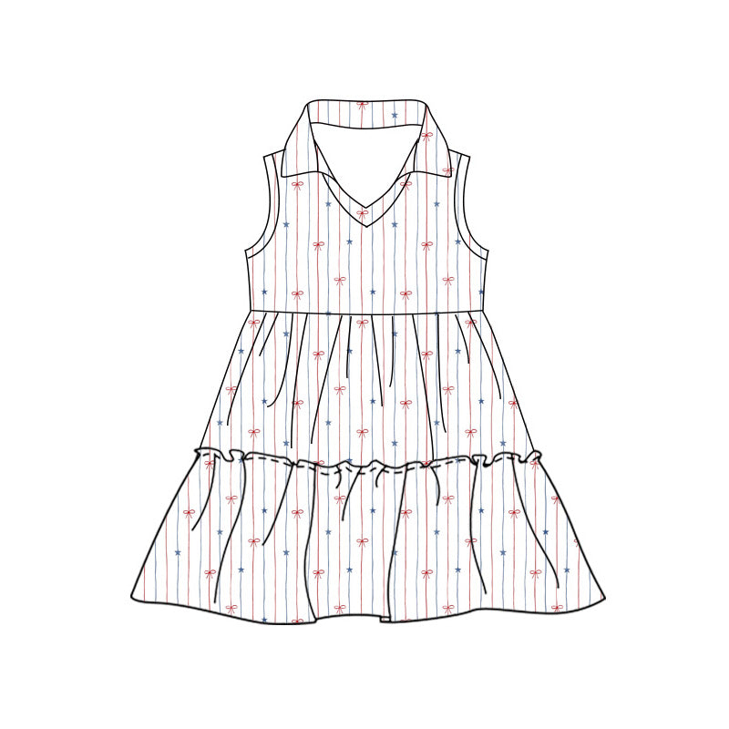 Preorder moq 5 Baby Girls Sleeveless Red Blue Stars Stripe 4th of July Knee Length Dress