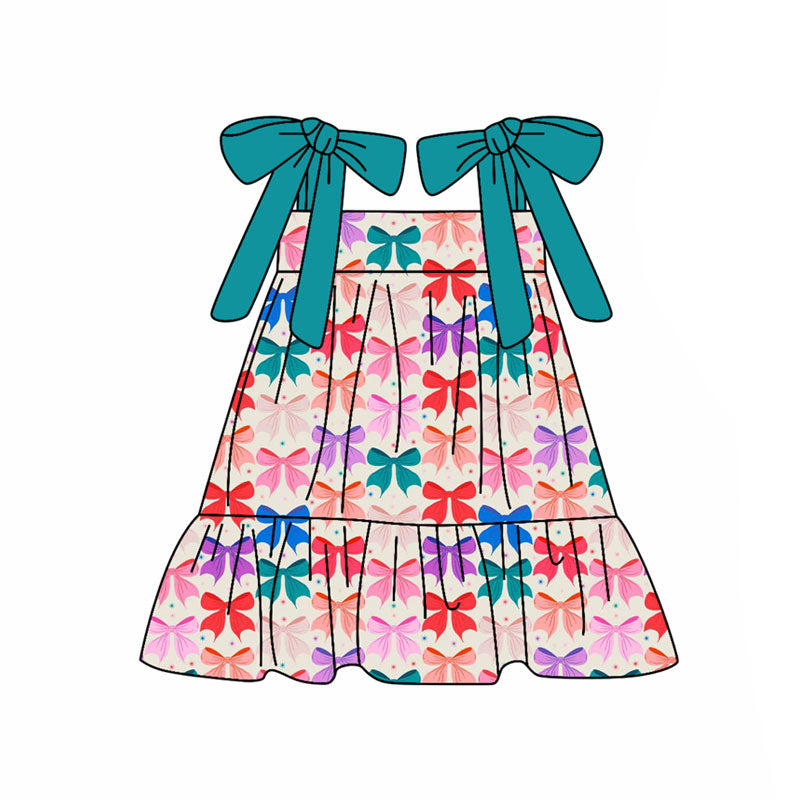 Preorder(moq 5) Baby Girls Strap Colorful Bows Plaid Ruffle Knee Length Dresses