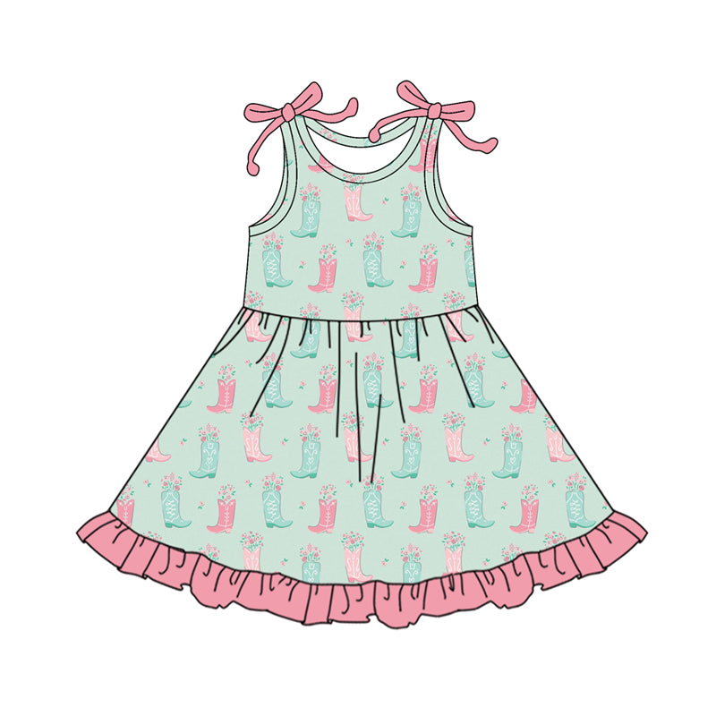 Preorder (moq 5)Baby Girls Colorful Flowers Boots Western Ruffle Knee Length Dresses
