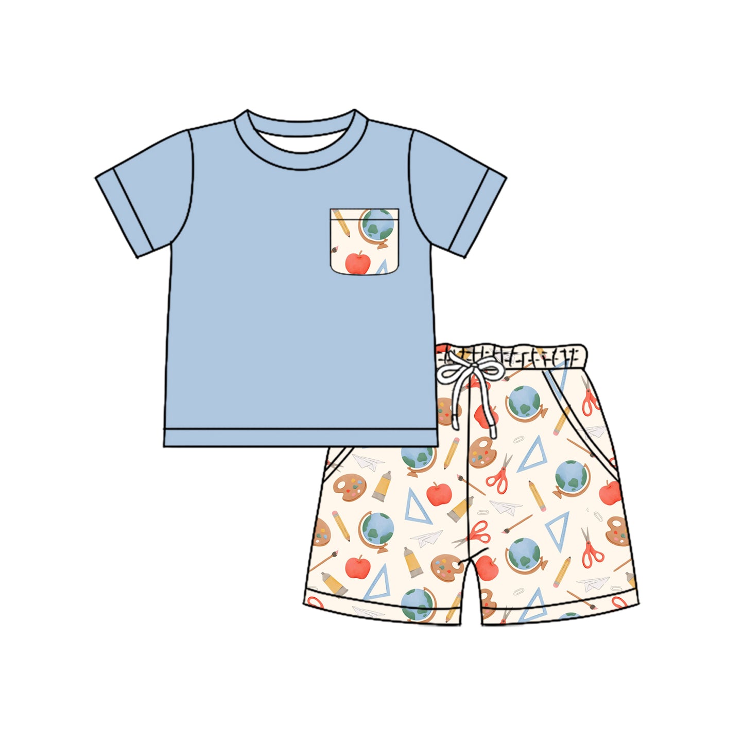Preorder(moq 5) Baby Boys Apples Pencils Shirt Pockets Shorts Back to School Clothes Set