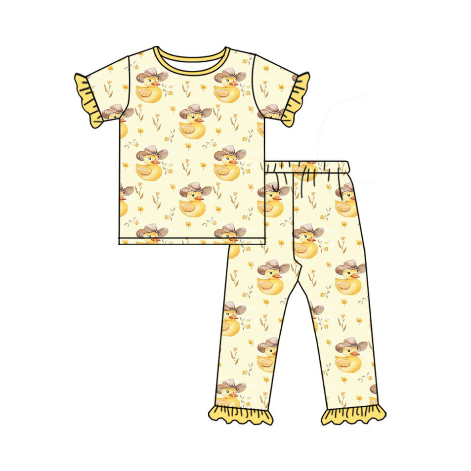 Preorder(moq 8)Baby Girls Yellow Ducks Flowers Top Ruffle Pants Pajamas Sets