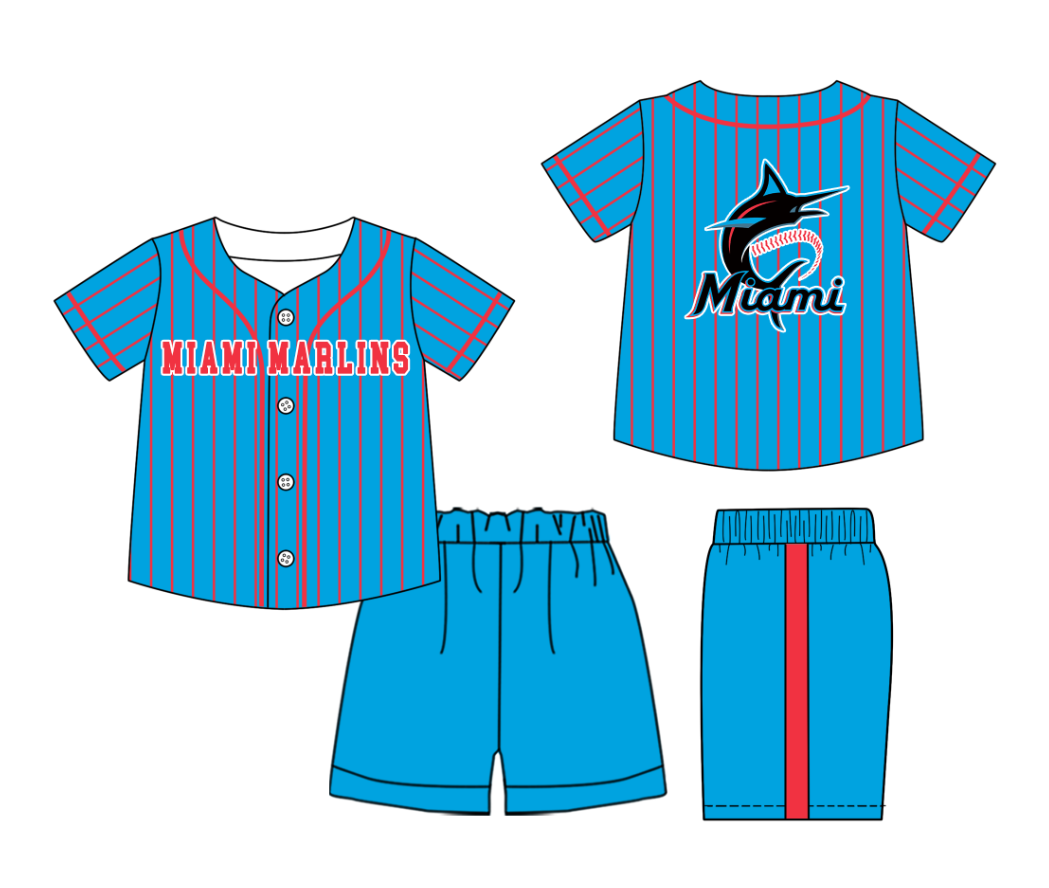 Preorder (moq 5)Baby Boys Red Stripe Miami Marlins Button Top Shorts Team Clothes Sets