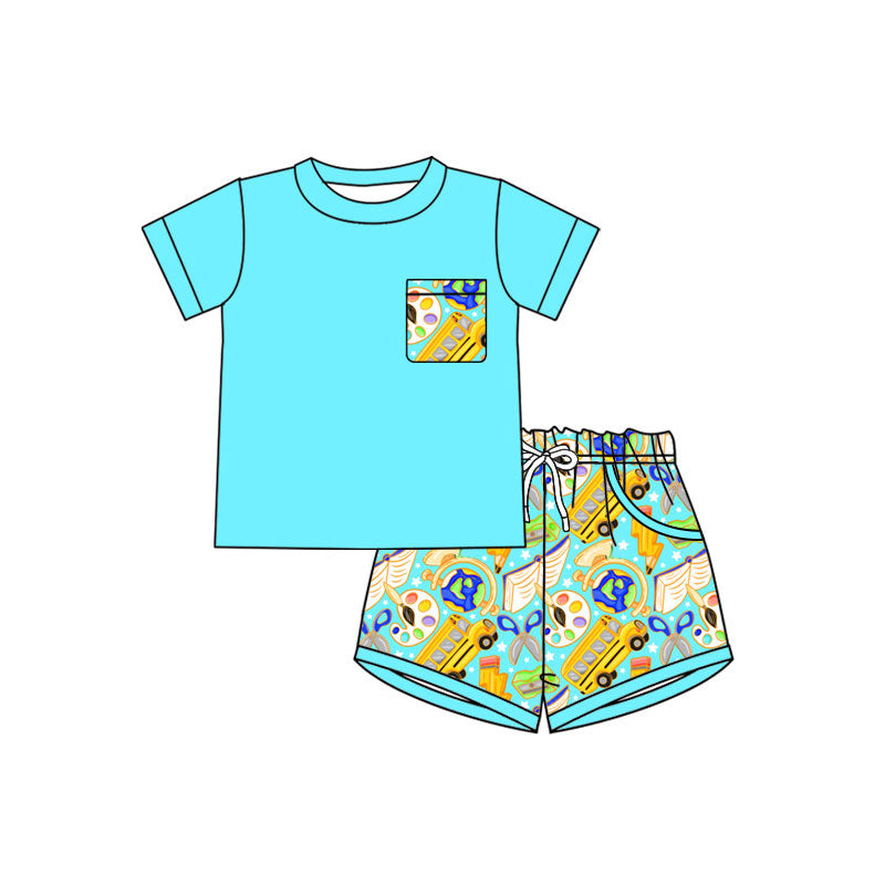 Preorder moq 5 Baby Boys Pencils Bus Top Pockets Short Back to School Clothes Sets