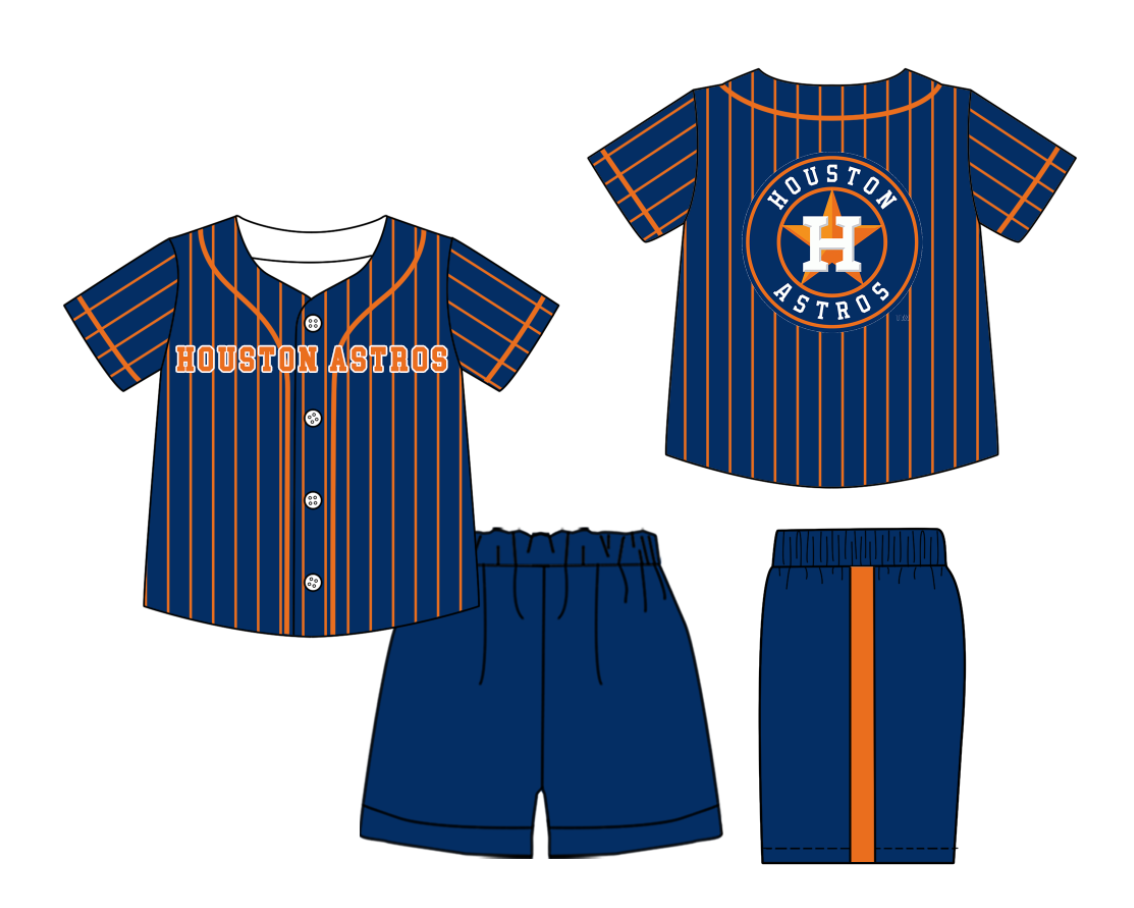 Preorder (moq 5)Baby Boys Orange Stripe Houston Astros Button Top Shorts Team Clothes Sets