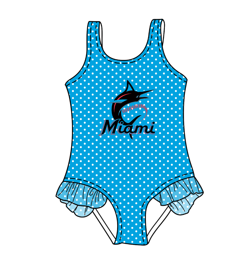 Preorder moq 5 Baby Girls Sleeveless Blue Polka Dots Miami Team Swimsuits