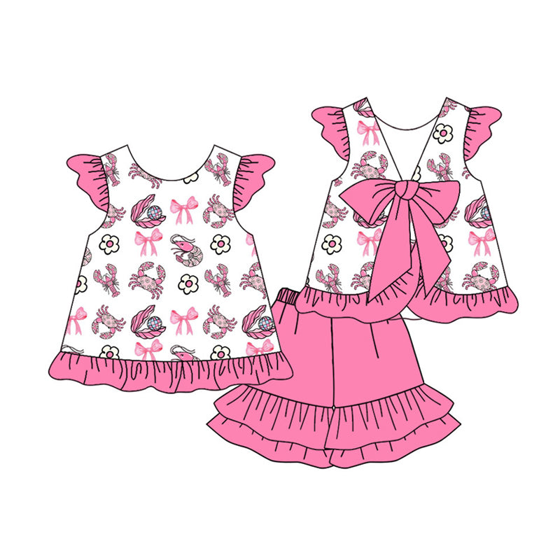 Preorder (moq 5)Baby Girls Crabs Flowers Back Bows Tunic Ruffle Short Clothes Sets