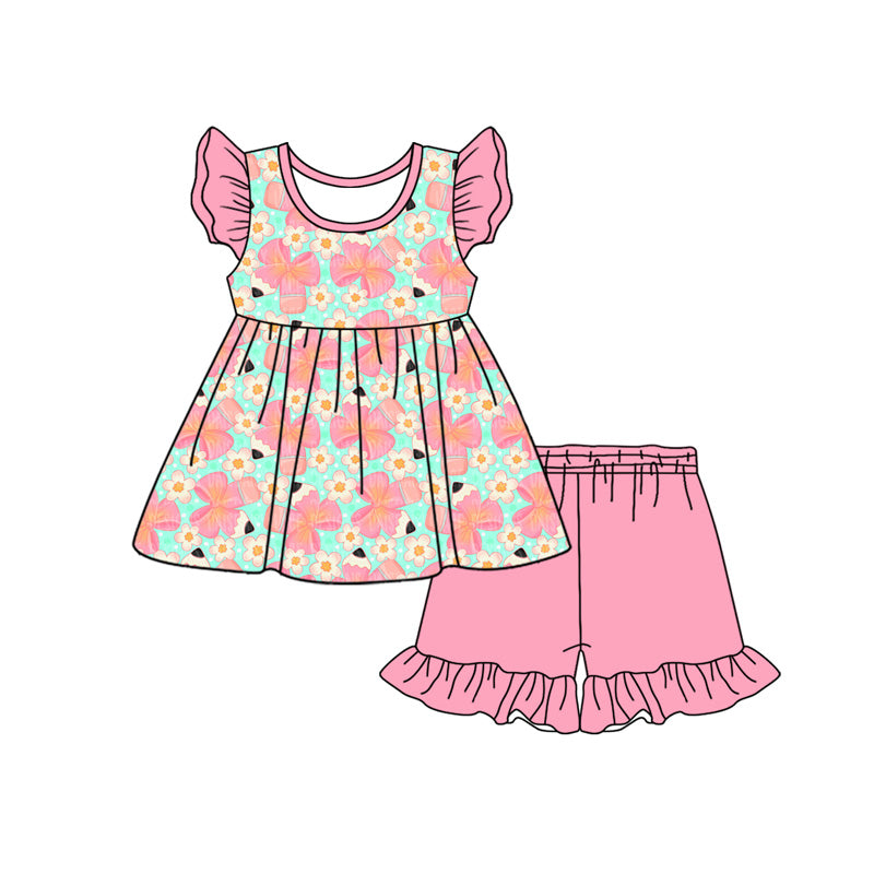 Preorder moq 5 Baby Girls Pencils Bows Tunic Ruffle Short Back to School Clothes Sets