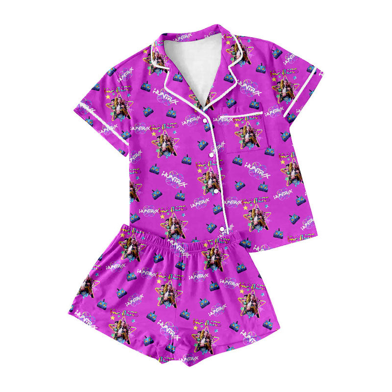 Preorder moq 5 Adult Women Cartoon Girls Hungry Button Pockets Top Shorts Pajamas Sets