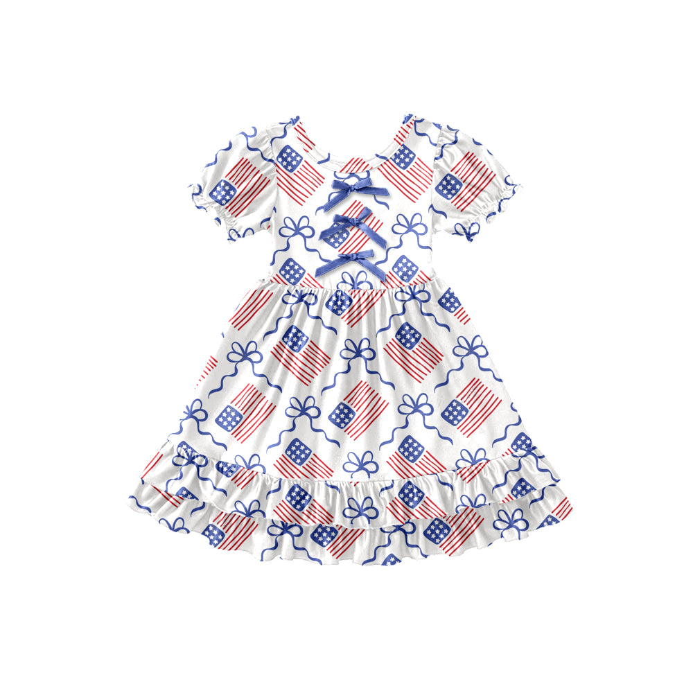 Preorder (moq 5)Baby Girls Bows Flags 4th of July Ruffle Knee Length Dresses