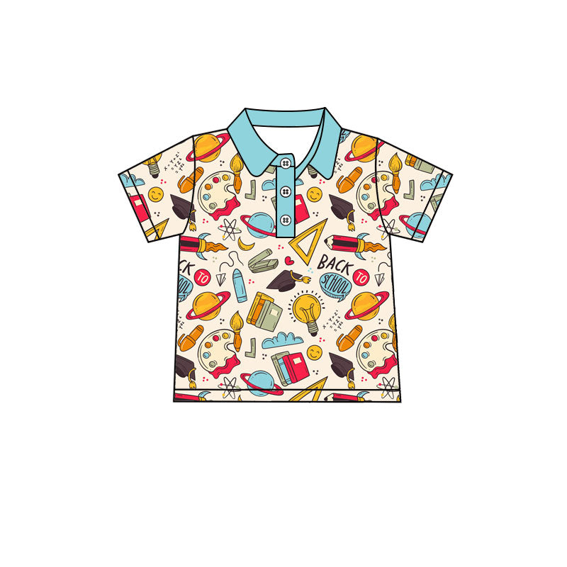Preorder(moq 5) Baby Boys Short Sleeve Books Pencils Back to School Button Polo Shirts Top