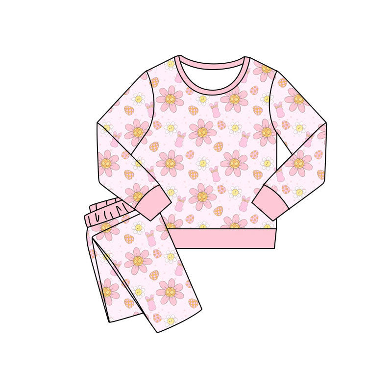 Preorder(moq 5) Baby Girls Flowers Rabbits Pants Easter Pajamas Sets