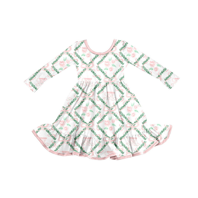 Preorder(moq 5) Baby Girls Pink Bows Flowers Checked Ruffle Knee Length Dresses